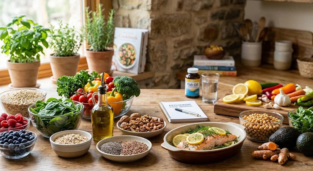 A kitchen table set with vegetables, berries, olive oil, nuts, seeds, legumes and baked salmon