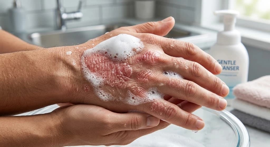 Hands with psoriasis plaques being washed with a gentle foaming cleanser