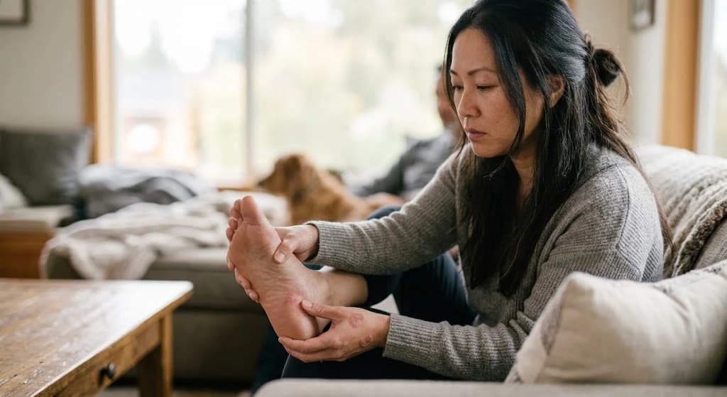 A woman with psoriasis plaques on her hand and ankle sitting on a sofa and holding her sore heel