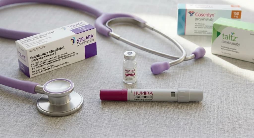 A lilac stethoscope on a table beside boxes and injector pens of biologic medications